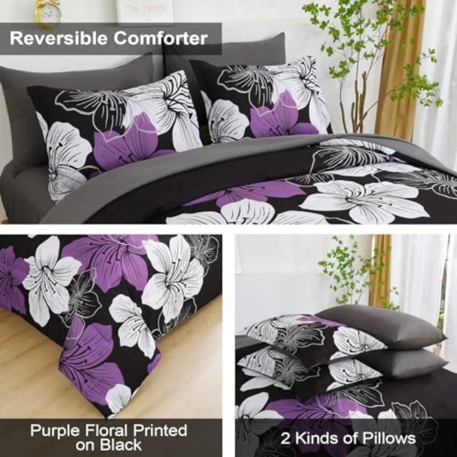 Floral Comforter Set Size, 7 Pieces Bed in a Bag Floral Comforter and Sheet Set, Soft Microfiber
