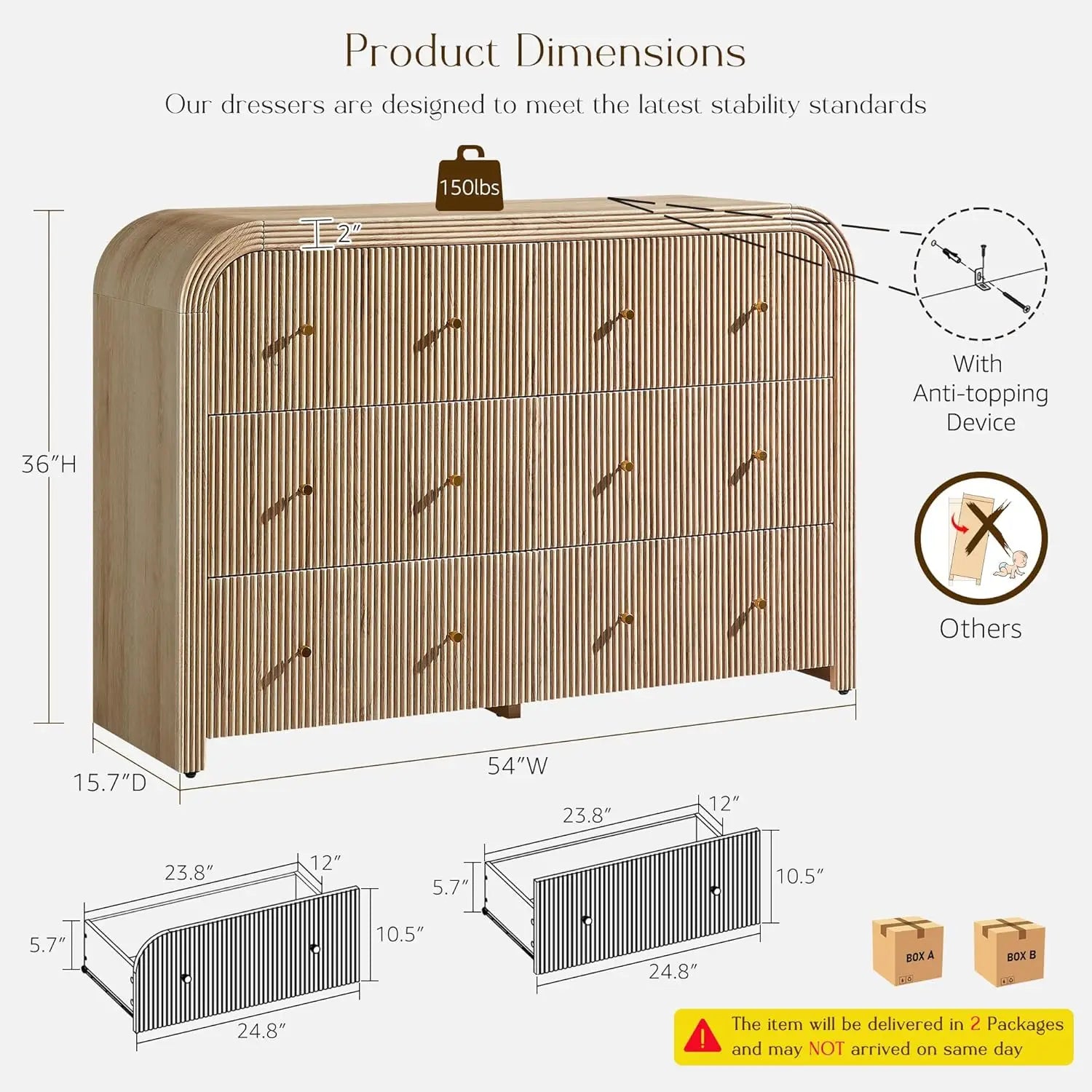 Fluted Wood, Wide, Curved 6 Drawer Dresser Bedroom 54in TV Stand Living Room Hallway Oak