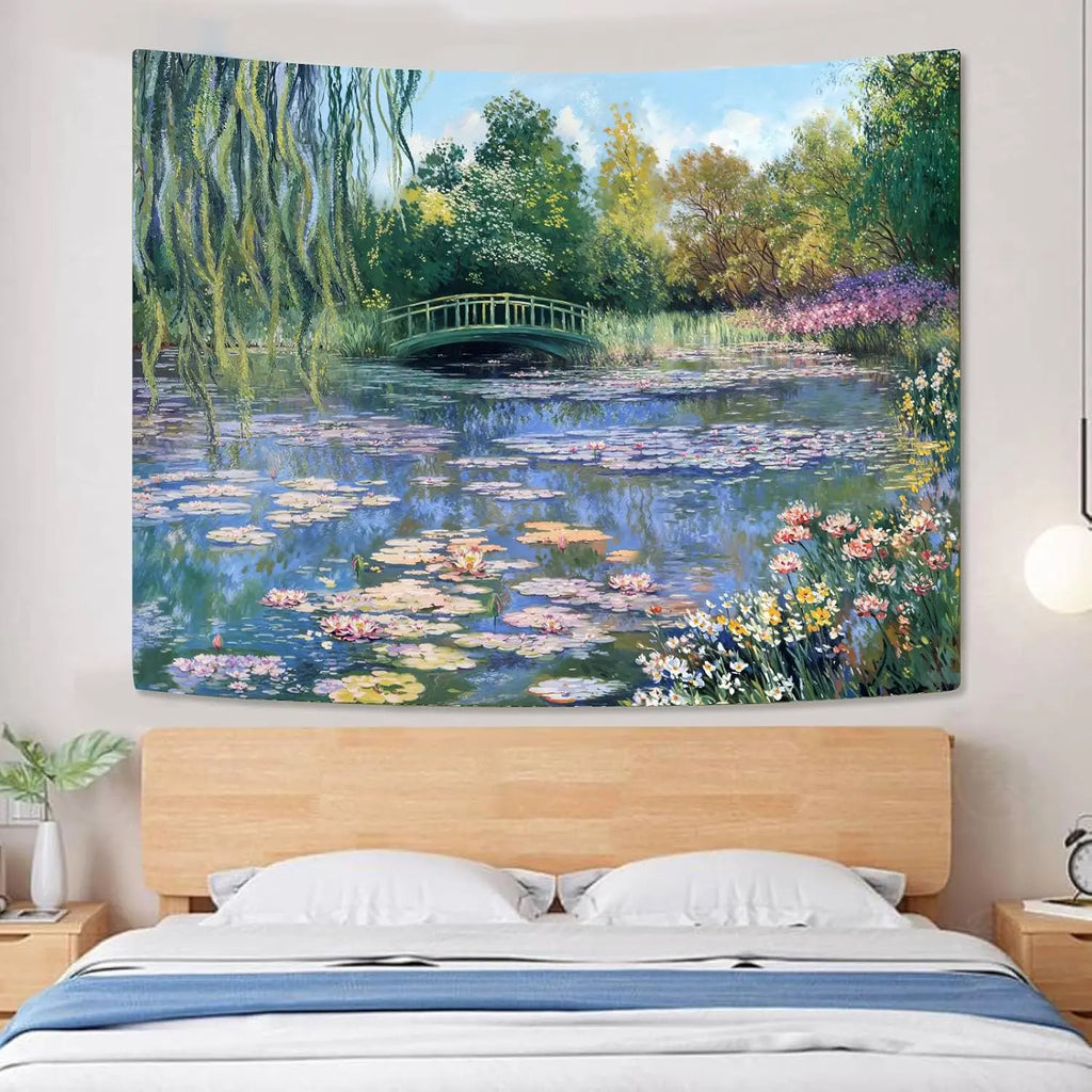 Water Lilies Tapestry Green Floral Wall Art  80x60 Inch