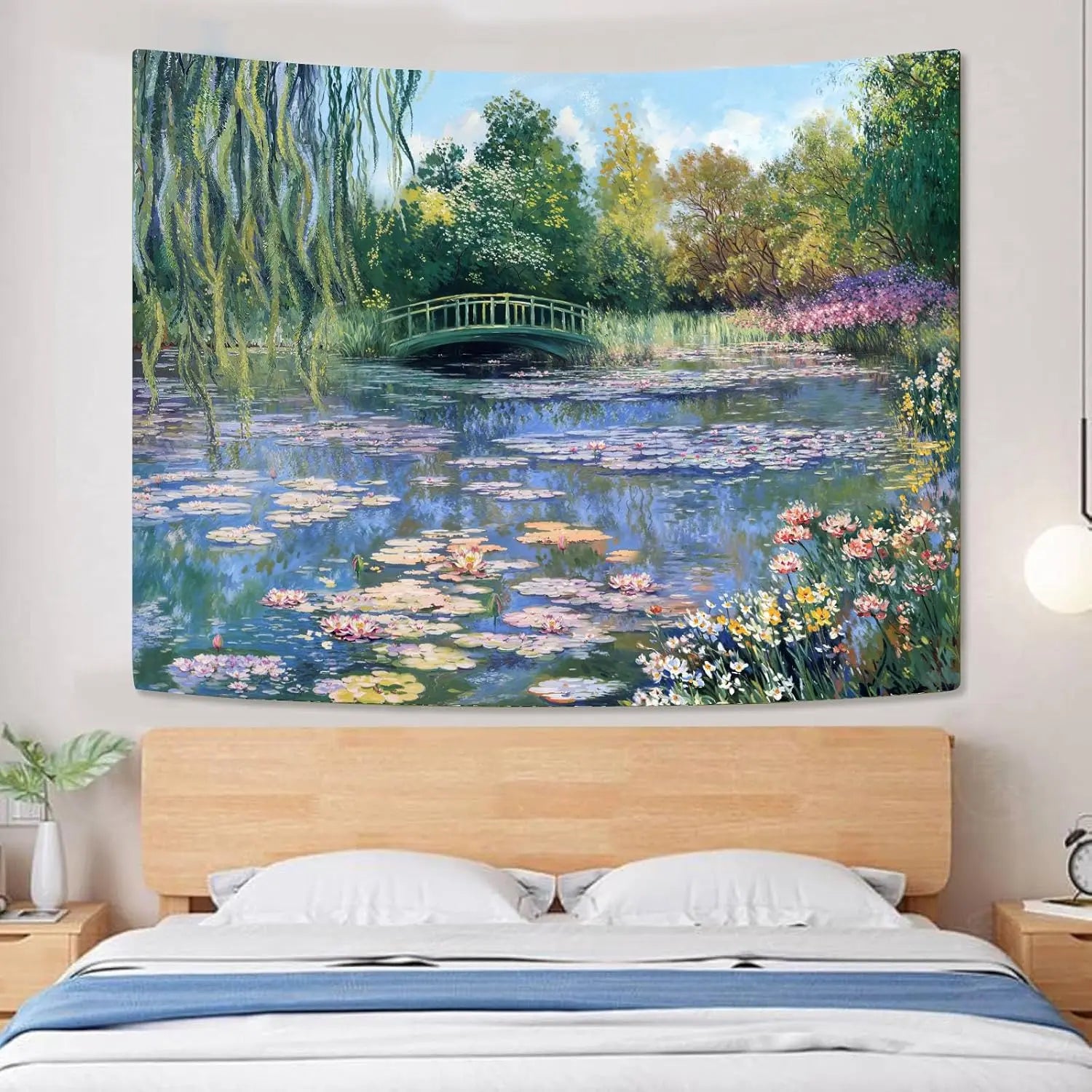 Water Lilies Tapestry Green Floral Wall Art  80x60 Inch