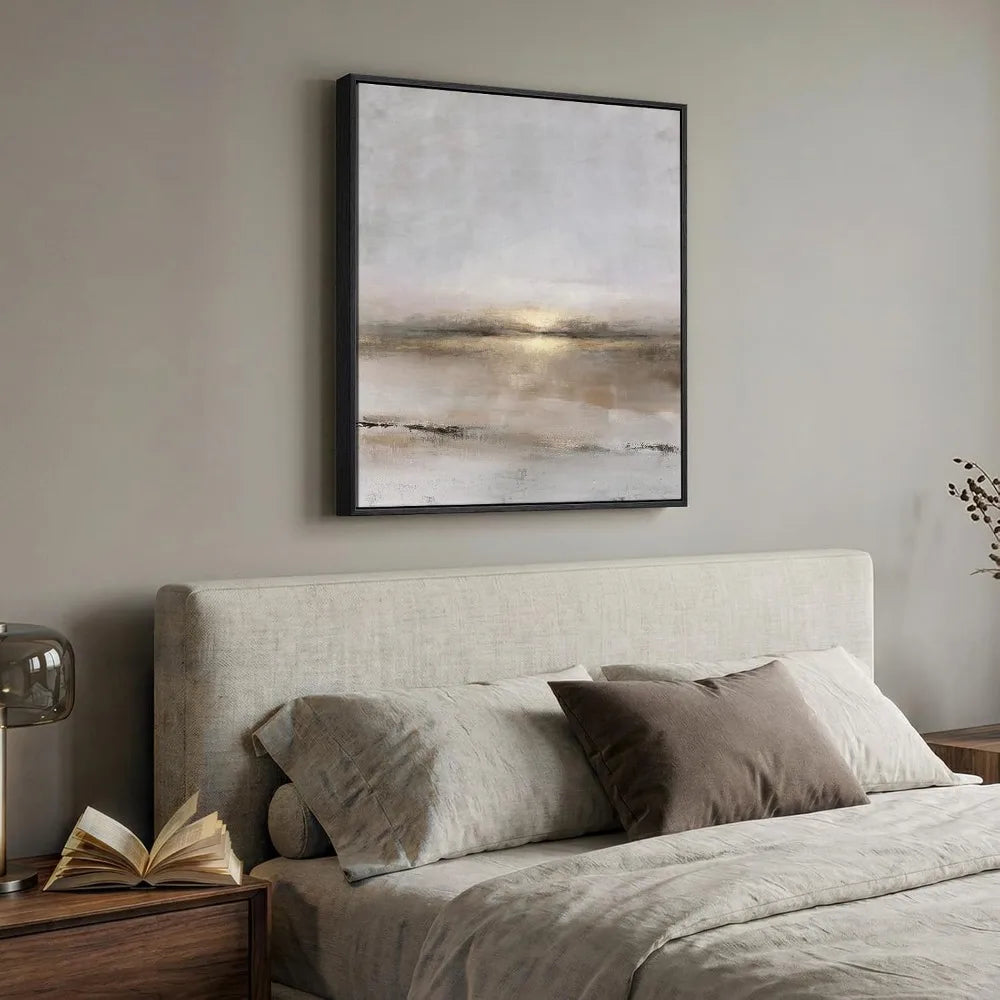 Modern Abstract Landscape Wall Art, Gray Black Gold Framed Canvas Print 30x30 In