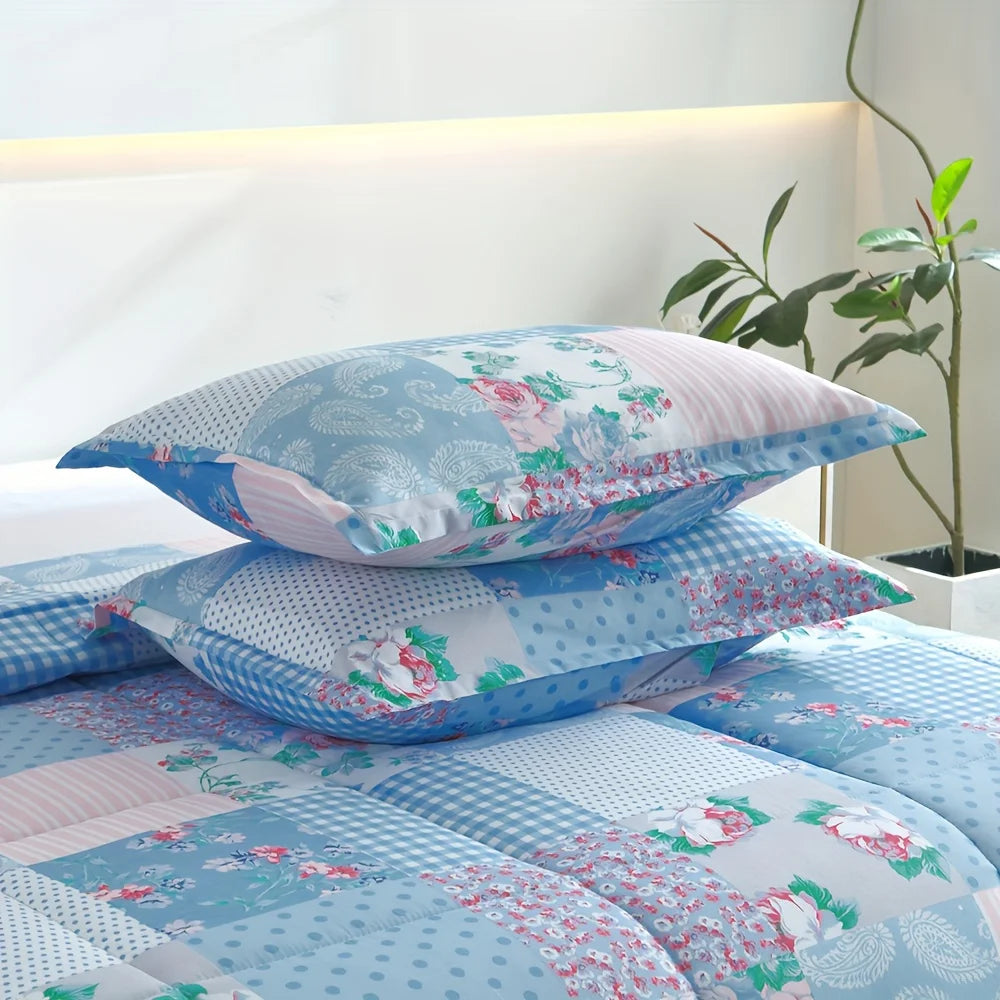 2/3pcs Luxury Comforter Set, Blue Checkered Floral Design, Lightweight Quilt Set  Includes 2 cases