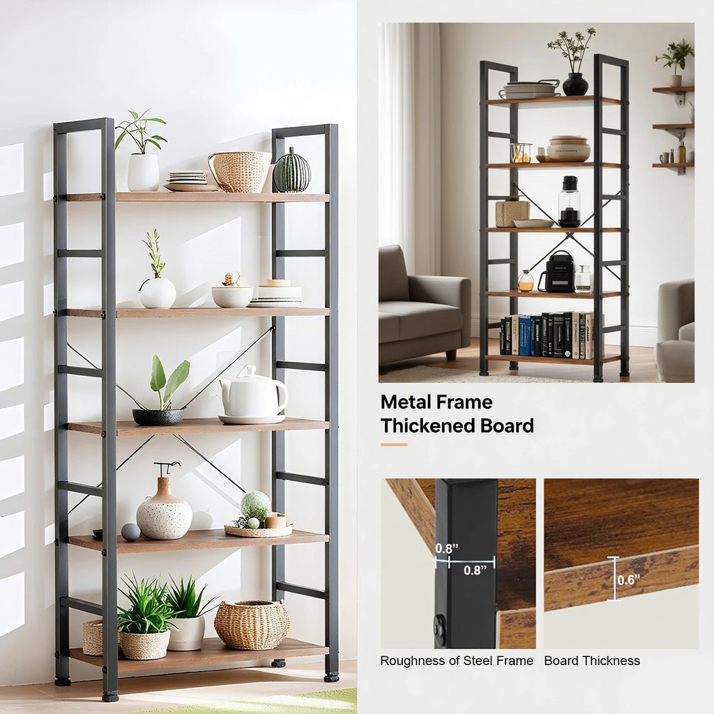 5 Tier Bookshelves,  Shelf Storage Organizer, Free Standing Vintage Style