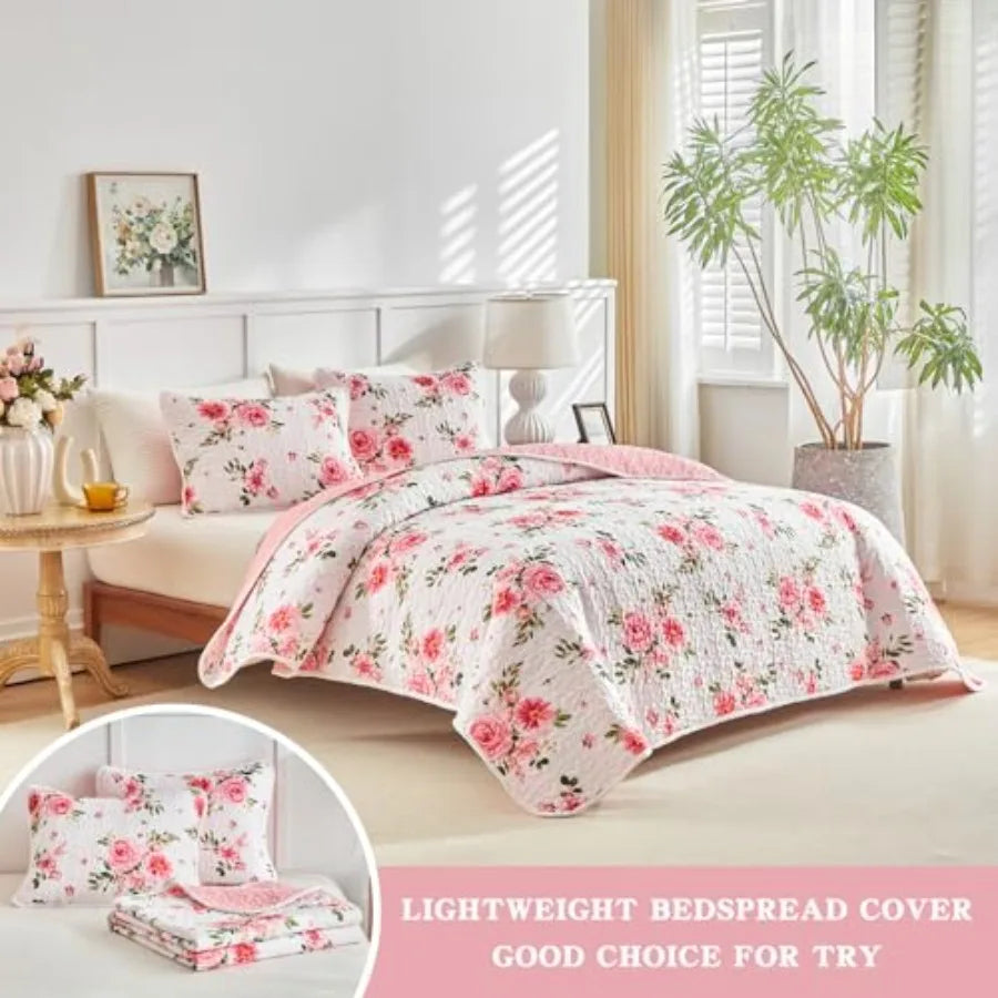 Floral Quilt Set 3 Pieces Queen Size White Pink Flower Soft Microfiber Lightweight Summer Reversible