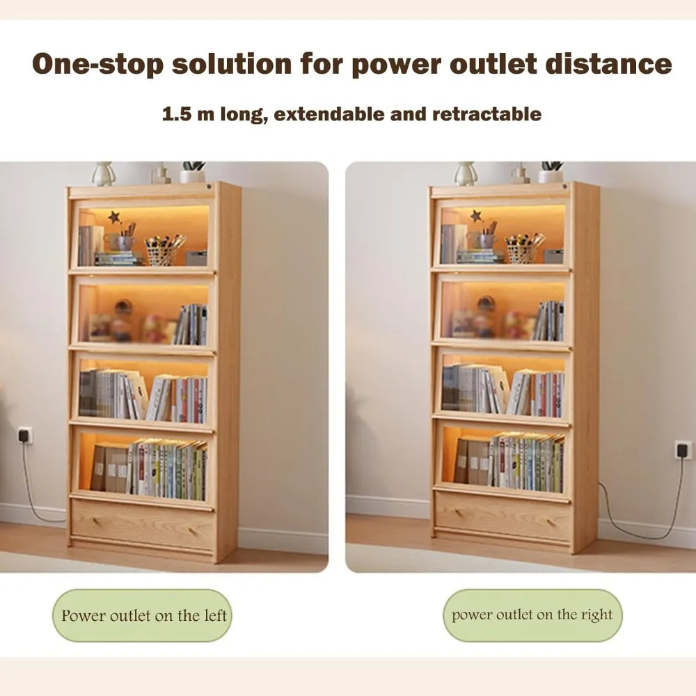73" H Tall Solid Wood Bookcase with Flip-Up Tempered Glass Doors and 3 Color Led Lights,4 -Tier