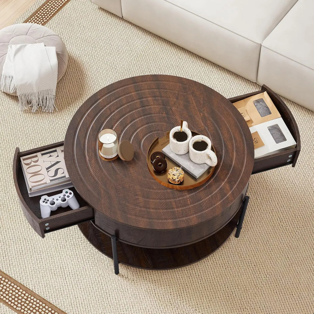 2-Tier Rustic Circle Table with Storage Shelf