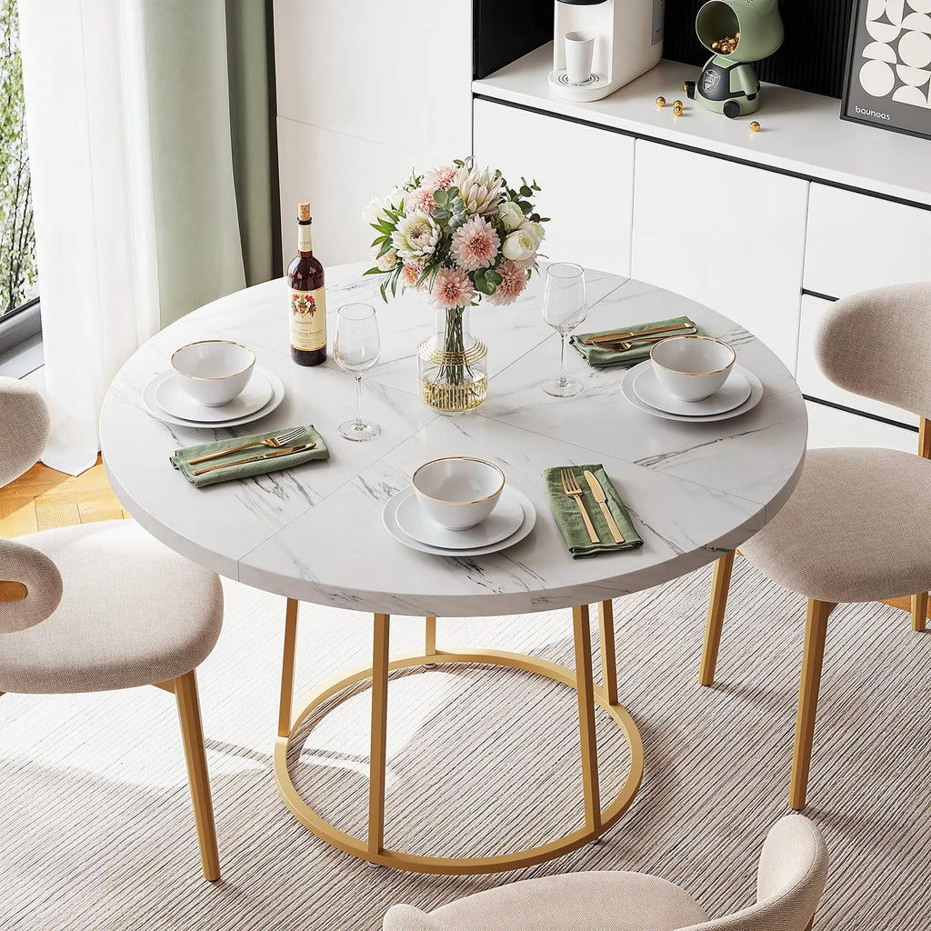 120cm Round Table - Wooden Faux Marble Top & Gold Base Design