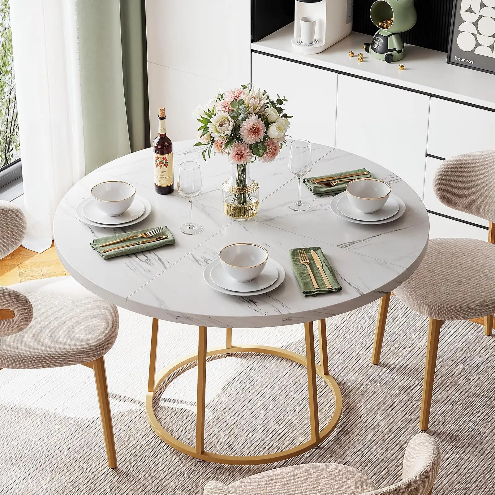 120cm Round Table - Wooden Faux Marble Top & Gold Base Design