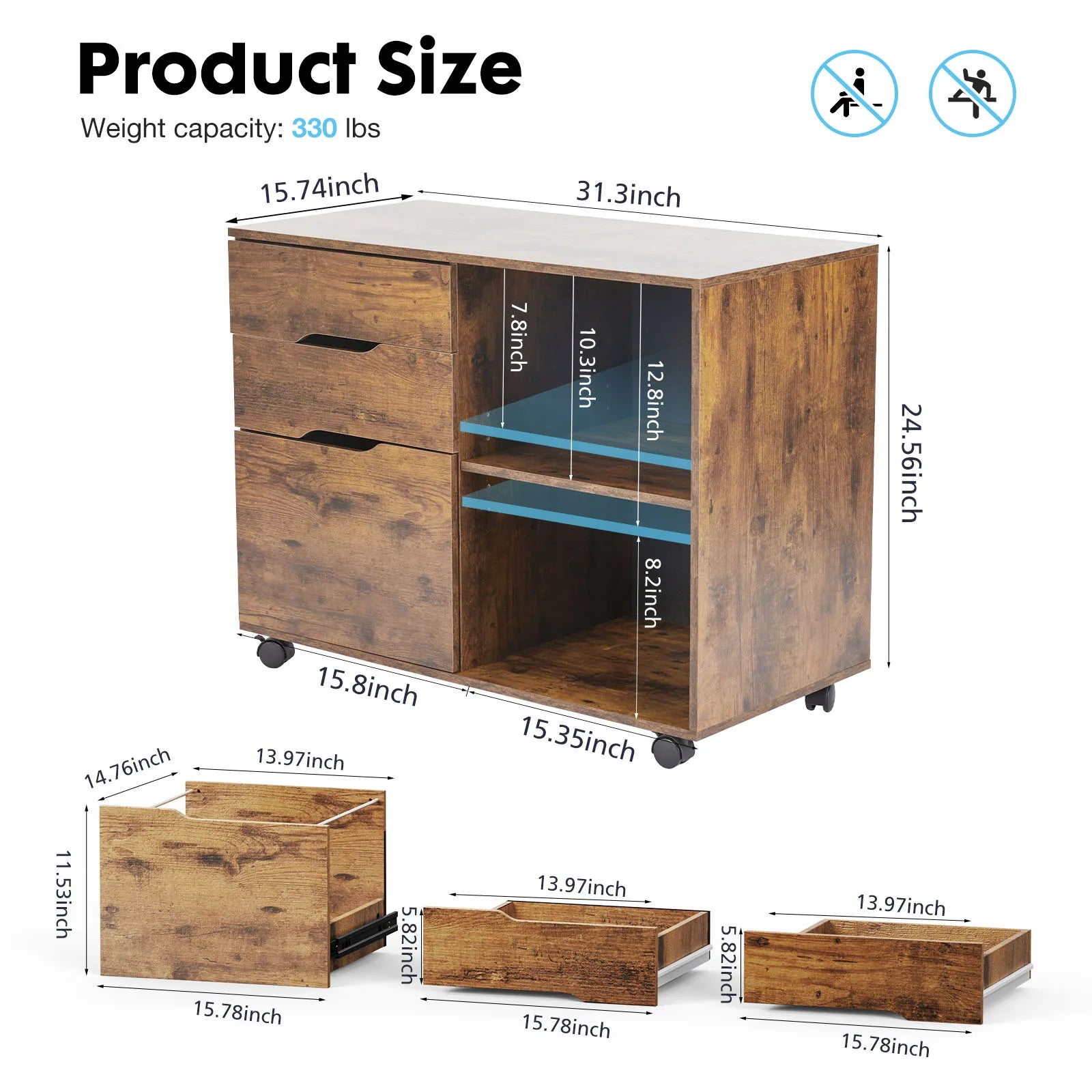 3 Drawers Wooden Mobile Cabinet Chest Dressers wood Storage Cabinet Organizer Rolling Display Furniture