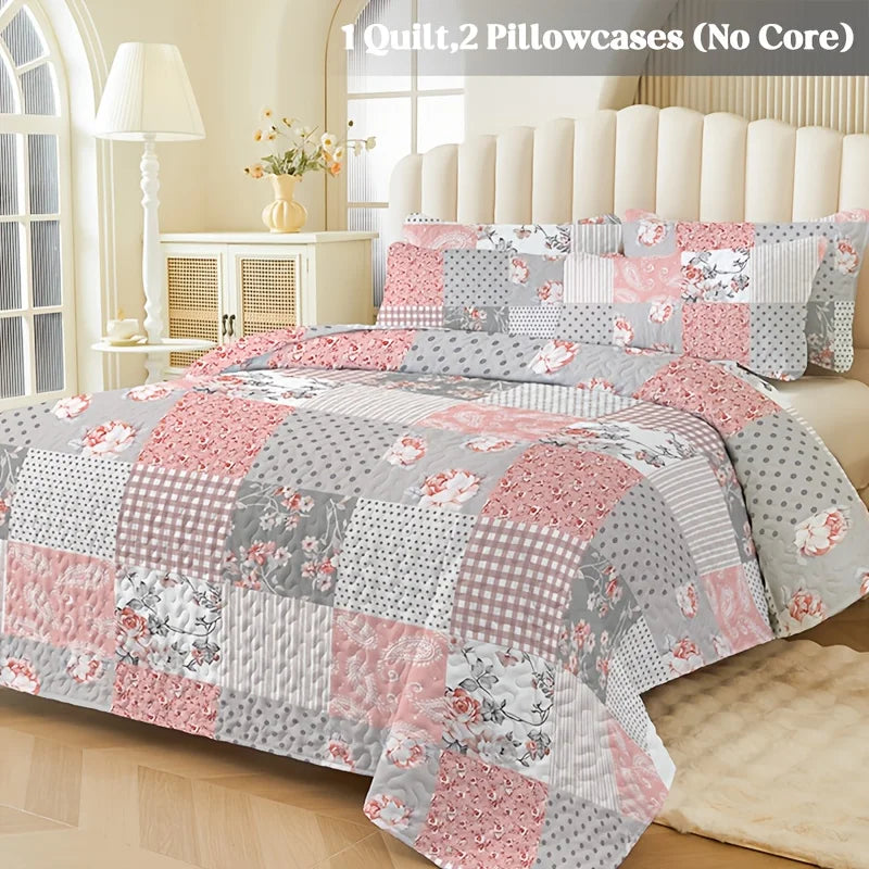 2/3pcs Quilt Set Queen King Twin Full Size Lightweight Floral Patchwork Comforter Bedding Set, Pillow Shams