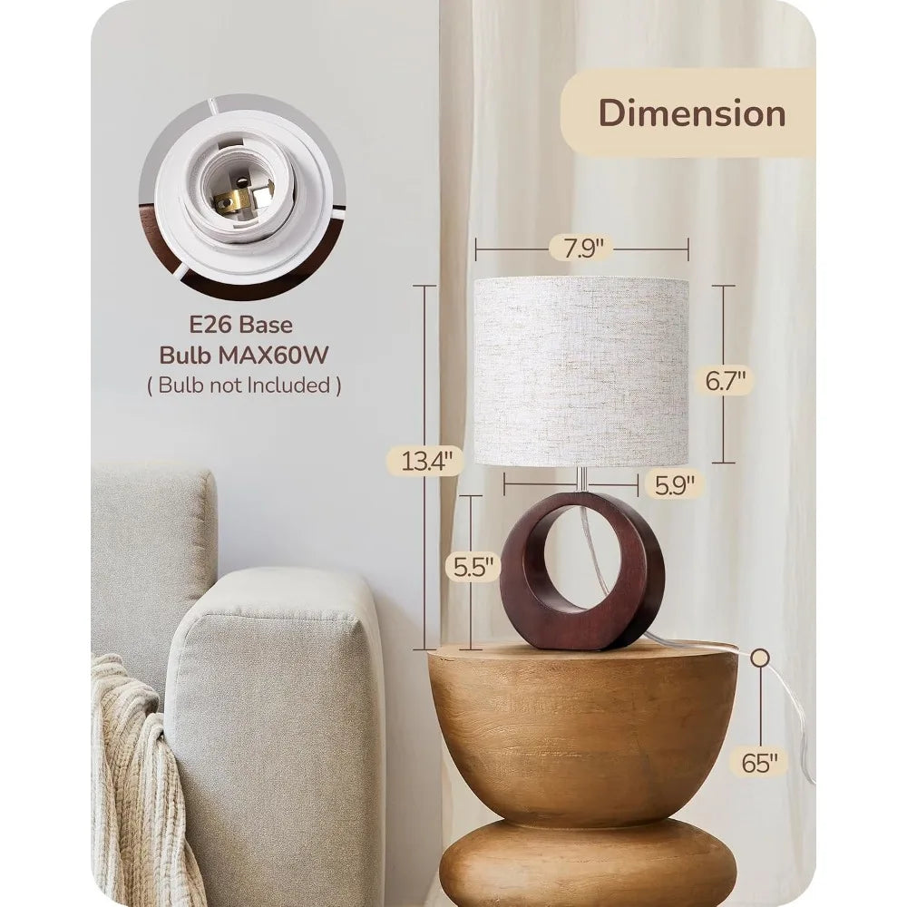 13.4" Small Wood Table Lamp, Modern Bedside with Beige Linen Shade and Switch, E26 Base