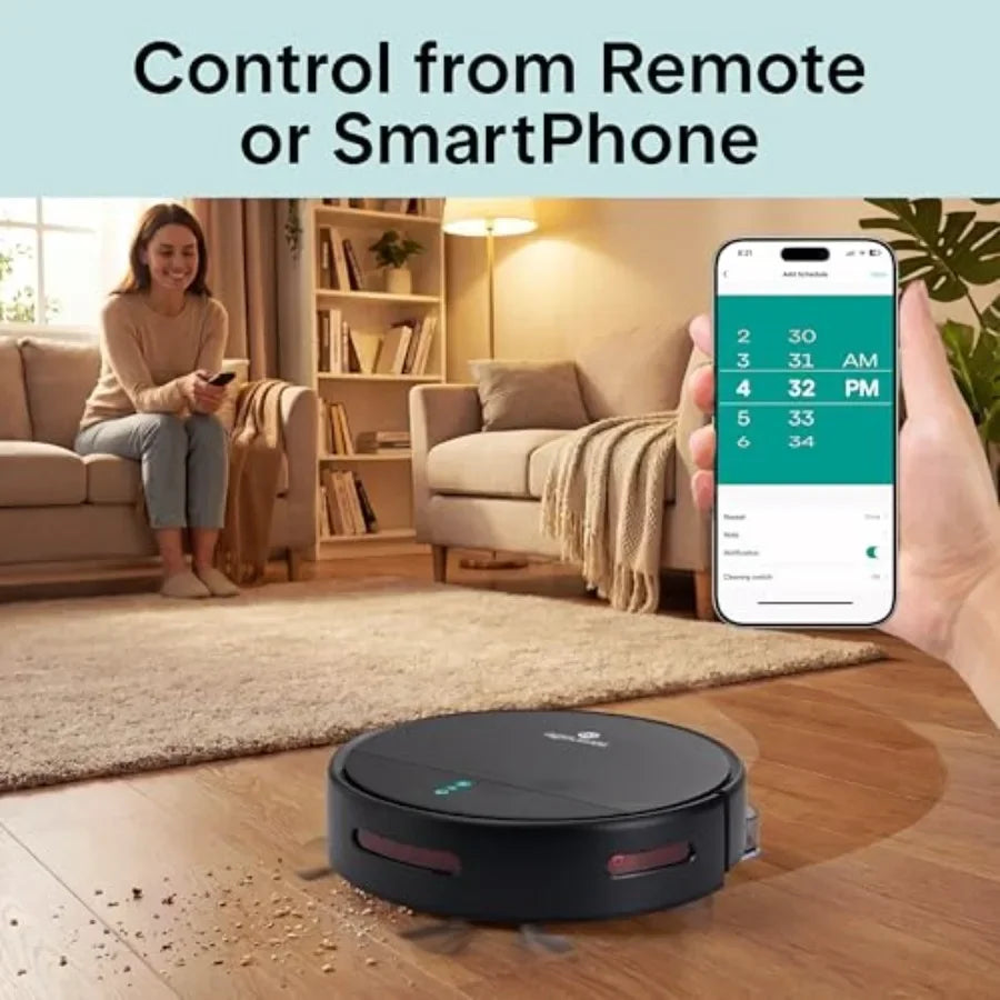 Automatic Robot Vacuum Cleaner and Mop Combo for pet hair and all floor types, black ABS plastic, app control with 3 cleaning modes