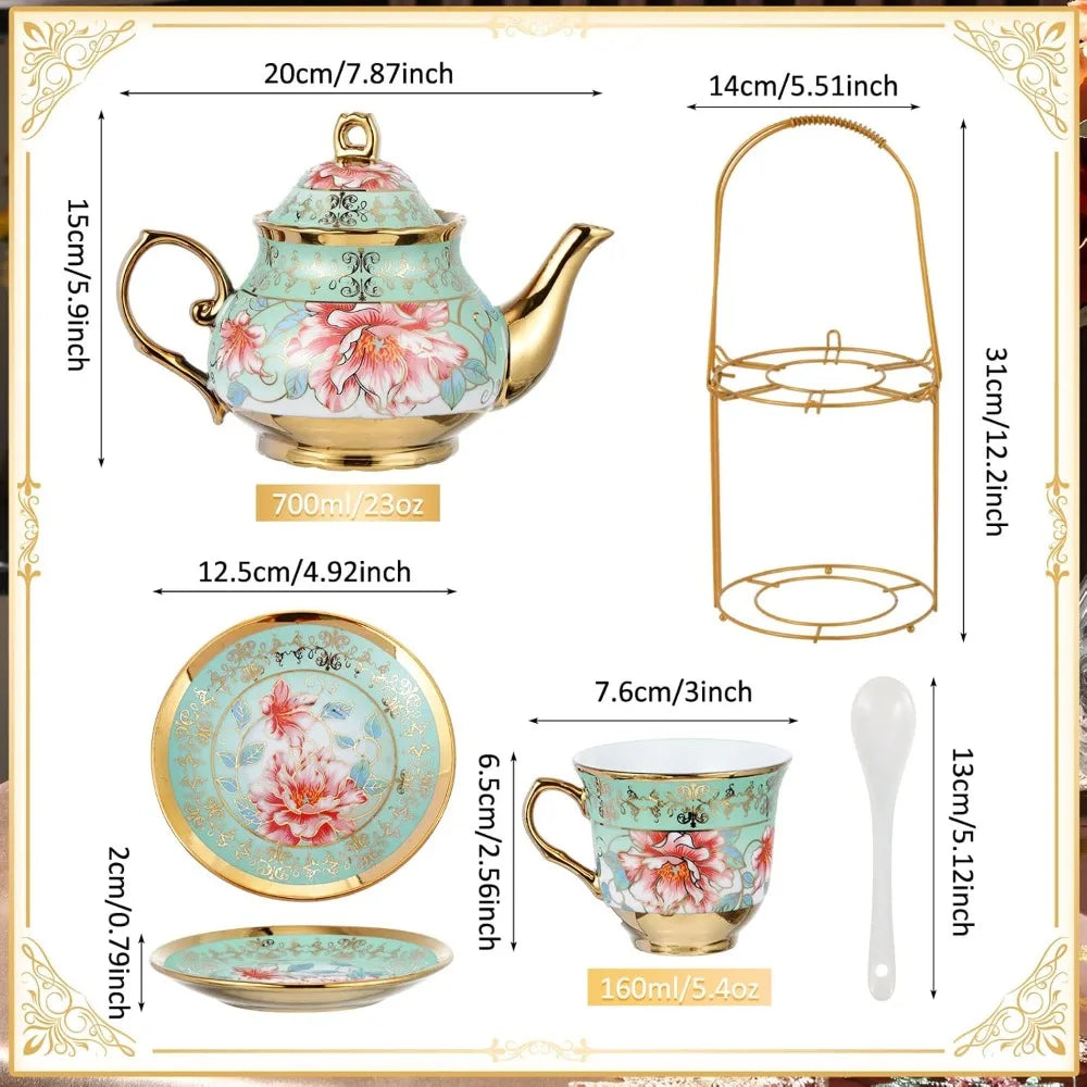 20 Pcs Porcelain Tea Set with Metal Holder and Spoon  European Flower Painting