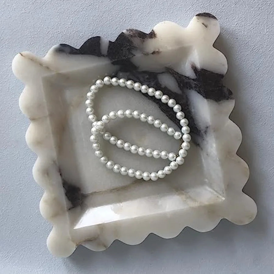 Vintage Natural Marble Tray Scalloped Tray Handmade Storage Dish