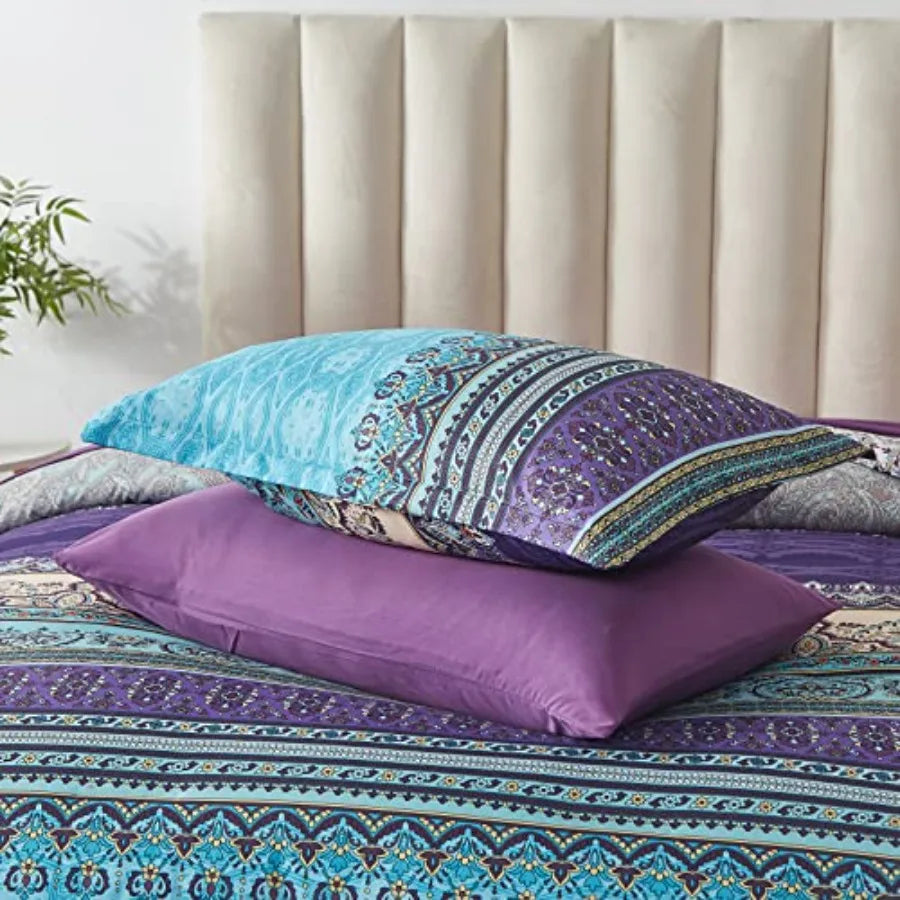 8 Pcs Bed in a Bag Bohemian Striped Bedding Quilt Set Paisley Floral Comforter and Sheet Microfiber