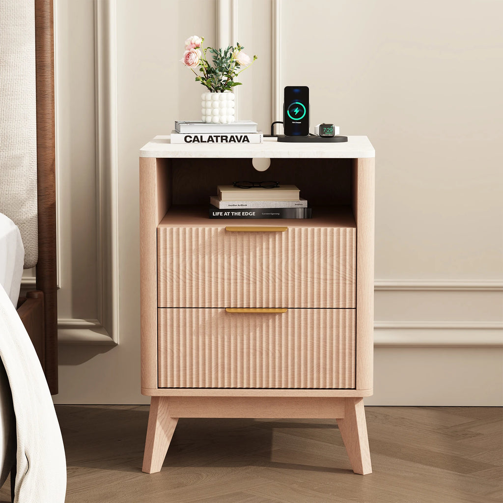 18IN 2 Drawers Wooden Nightstand with Charging Station Bedside Table with with Faux Marble Top Mid-Century Modern