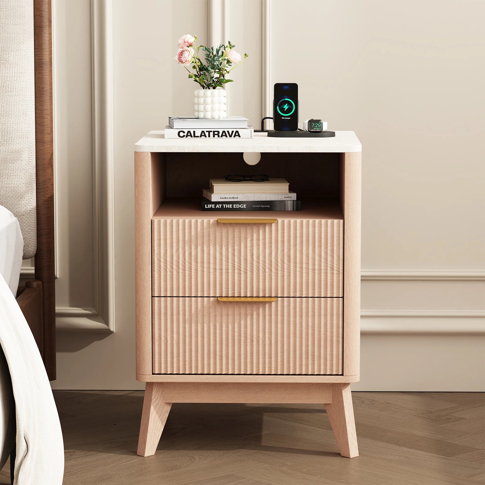 18IN 2 Drawers Wooden Nightstand with Charging Station Bedside Table with with Faux Marble Top Mid-Century Modern