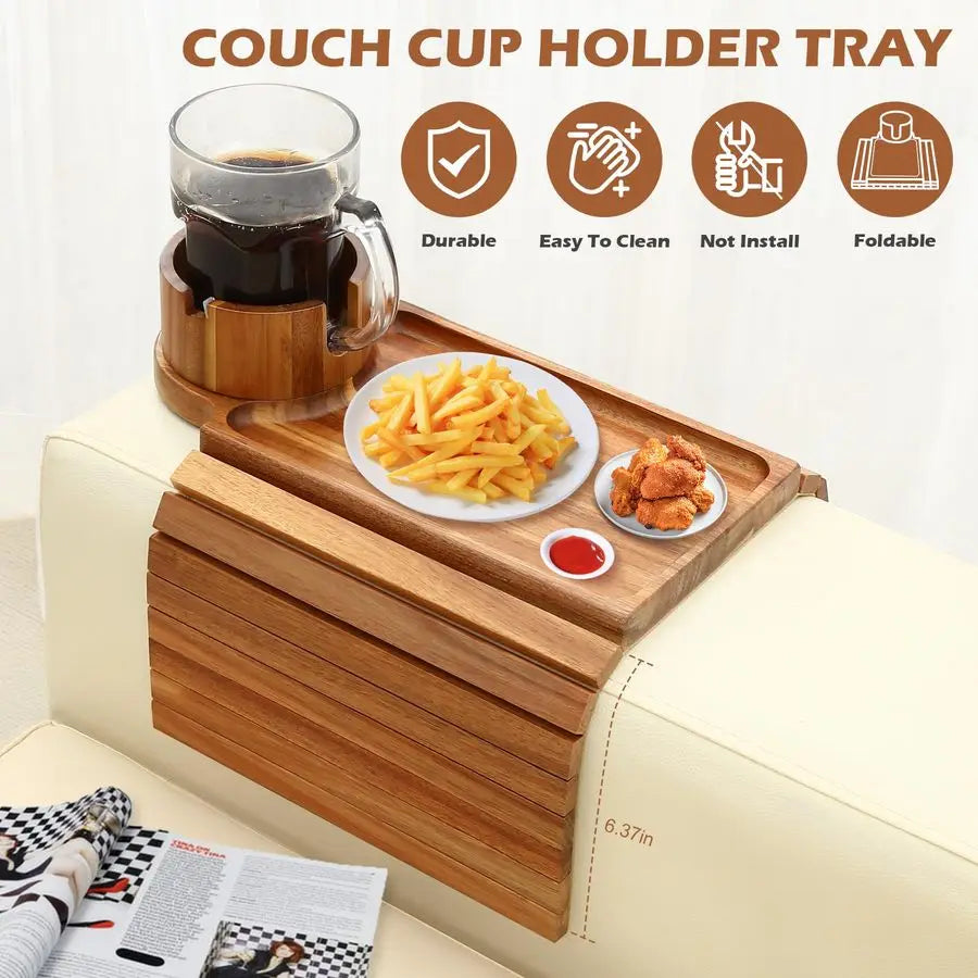 Acacia Foldable Wood Couch Armrest Table with 360 Rotated Phone Holder, 18.99  Anti-Slip
