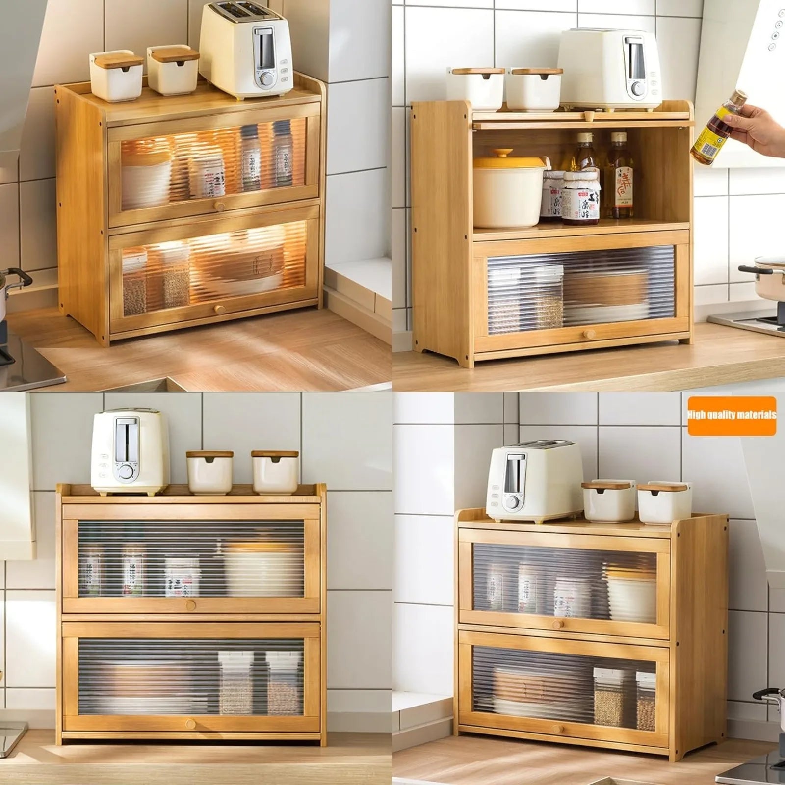 2-Tier Bamboo Kitchen Storage Cabinet -  Clear Acrylic Sliding Doors