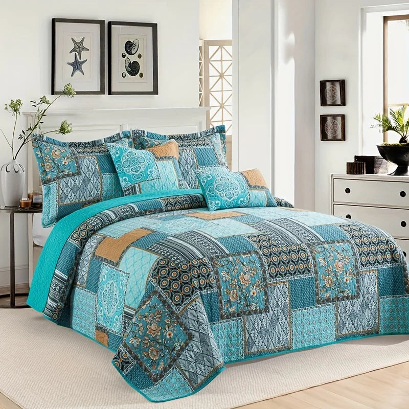 Lightweight Teal Cotton Quilt Comforter Set, Consisting of 3pcs Including 2 Pillowcases