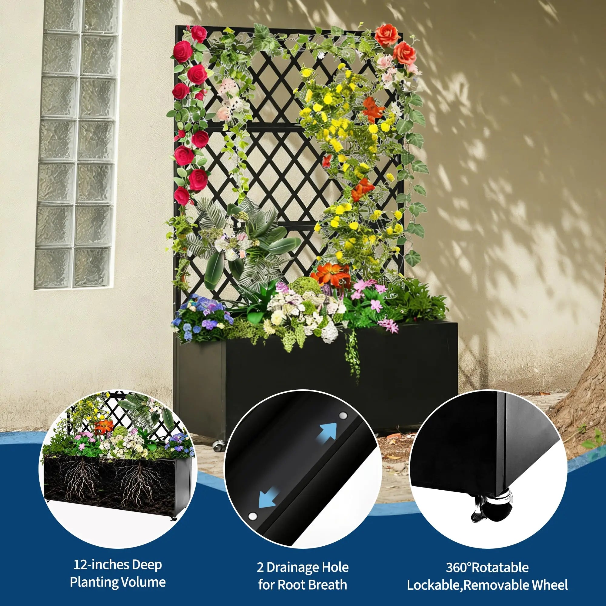 Galvanized Steel Raised Garden Bed With Trellis Privacy Screen, Locking Wheels & Drainage, Rolling Planter