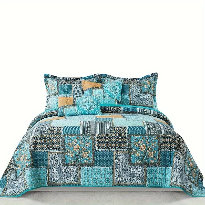 Lightweight Teal Cotton Quilt Comforter Set, Consisting of 3pcs Including 2 Pillowcases