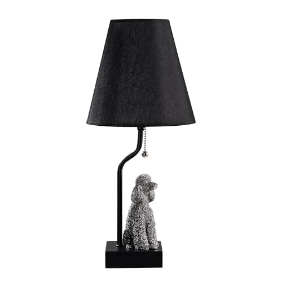 Portable Poodle Table Lamp with USB-C and USB-A Charging Ports, Black Fabric Shade and Dog Figurine Base
