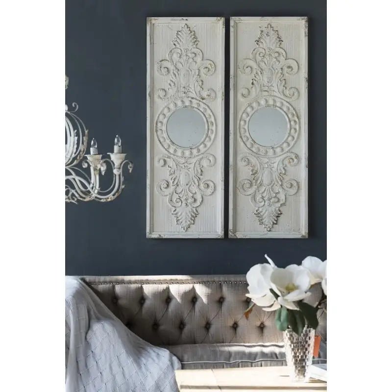 Set of 2 Large Wooden Wall Art Panels with Distressed White Finish & Round Mirror Accents, 17" x 48" Decorative Wall Decor
