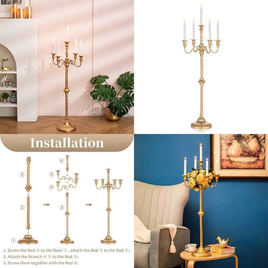 Gold Floor 5 Arm Tall Candelabra T Metal Taper