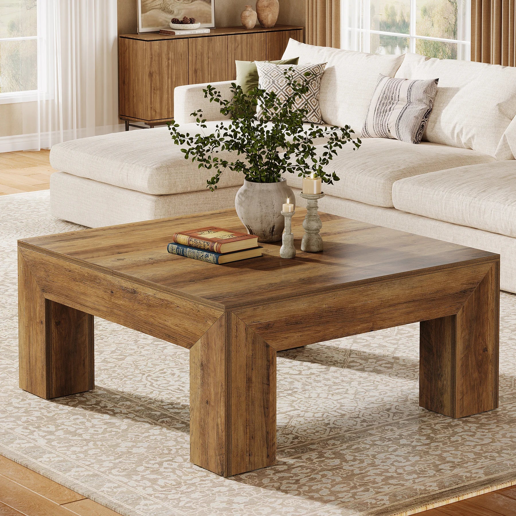 39.4-Inch Square Table Farmhouse All MDF Accent Center Cocktail Table with Sturdy Wooden Legs