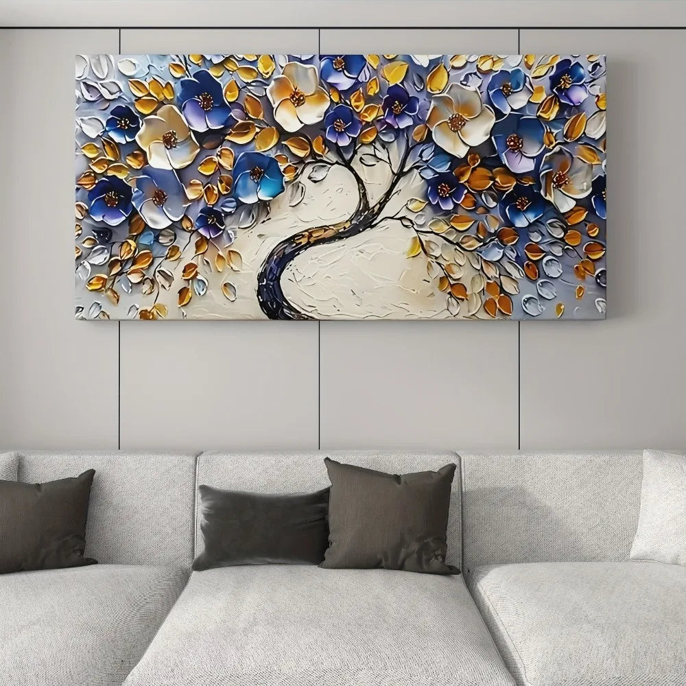 Large abstract blue textured Floral tree canvas art - Boho style,  1.5-inch chunky wood frame