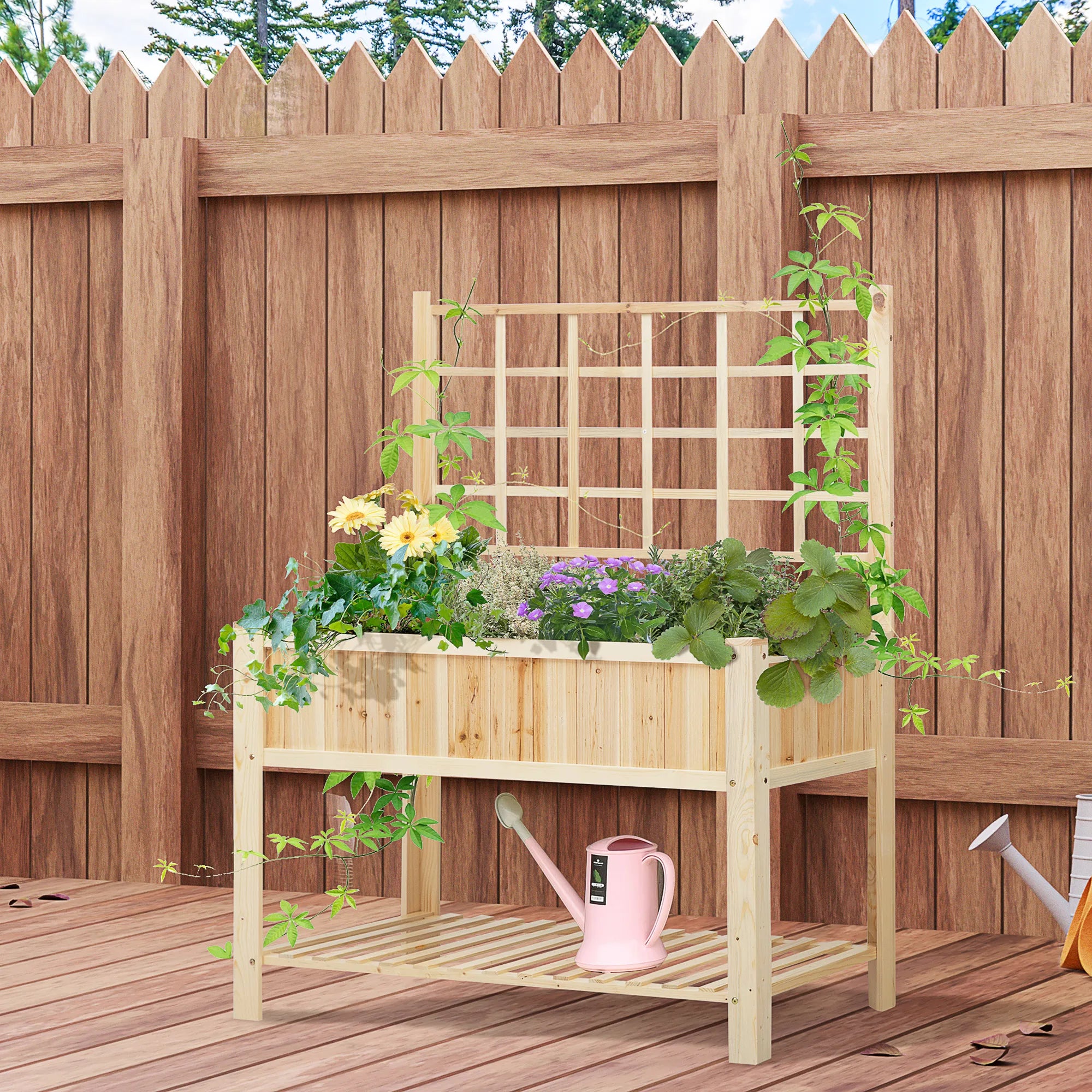 47'' Wooden Raised Garden Bed with Trellis, Countryside Style Elevated Planter Stand with Open Storage Shelf