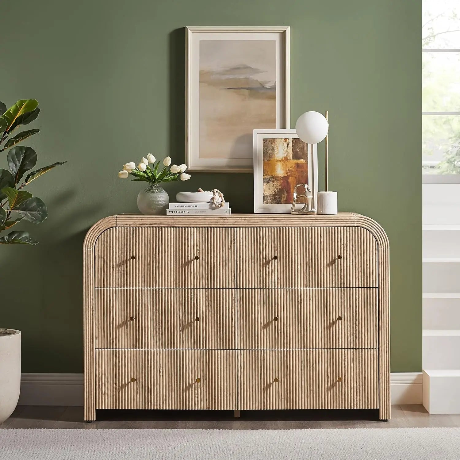 Fluted Wood, Wide, Curved 6 Drawer Dresser Bedroom 54in TV Stand Living Room Hallway Oak