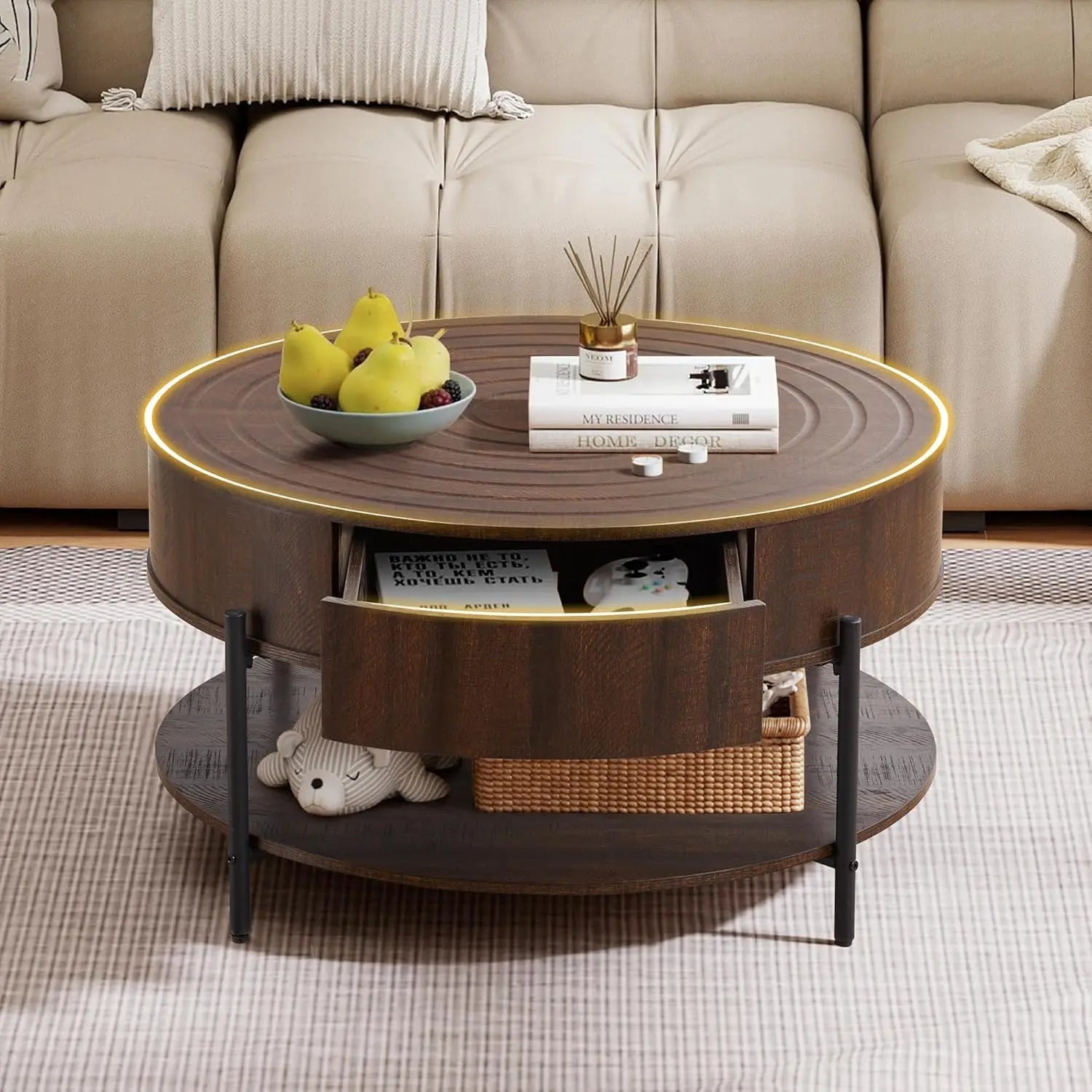 2-Tier Rustic Circle Table with Storage Shelf