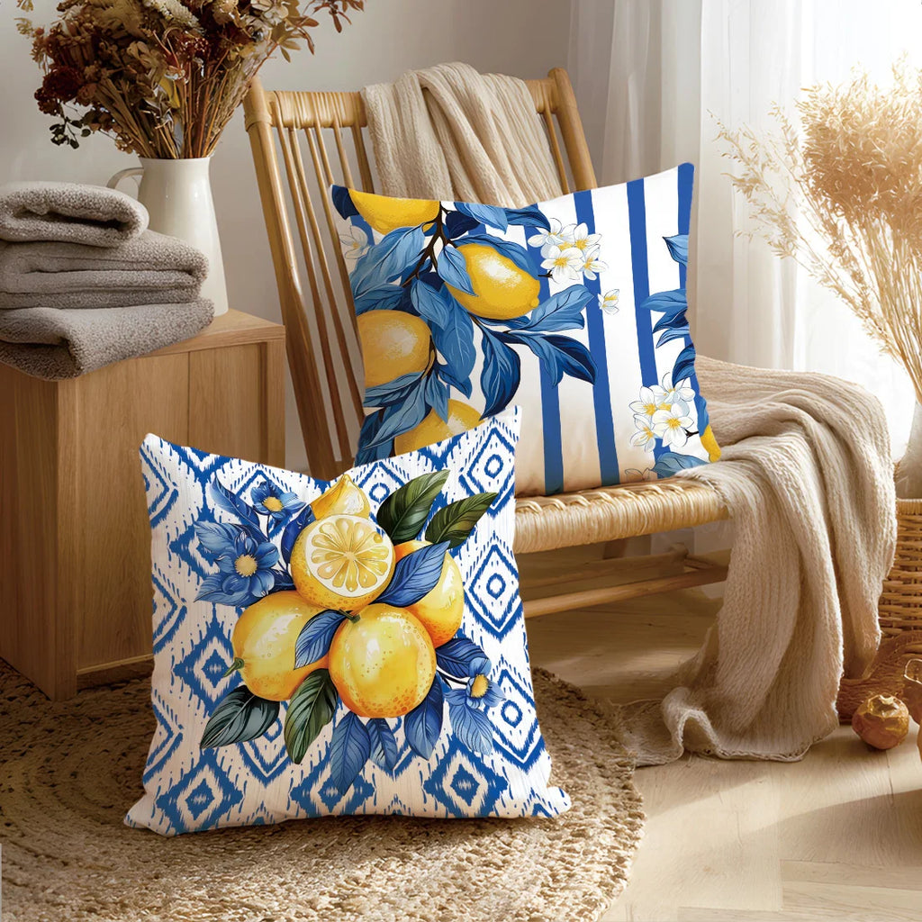 4pcs, Single-Sided Printing Pillow Covers, Deep Blue Lemon Illustration