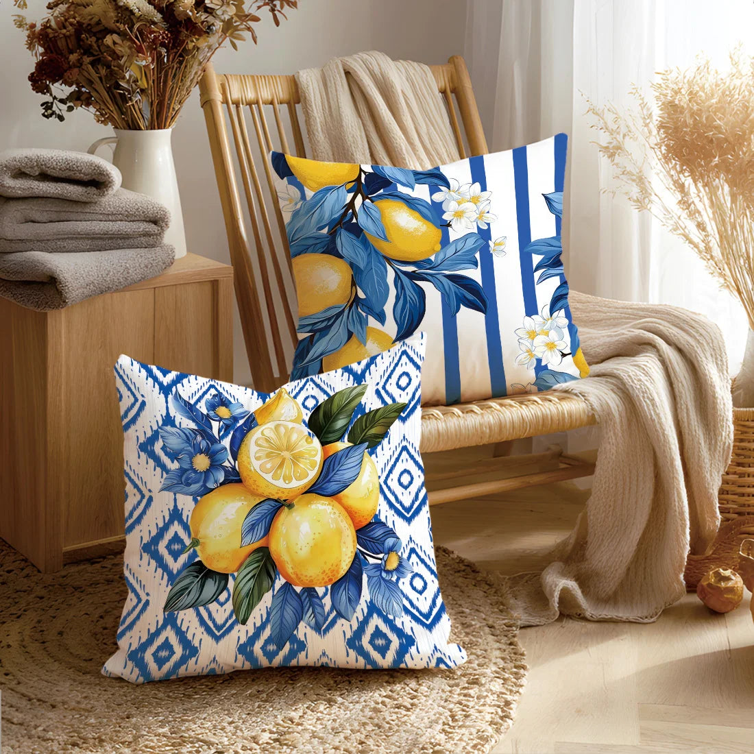 4pcs, Single-Sided Printing Pillow Covers, Deep Blue Lemon Illustration