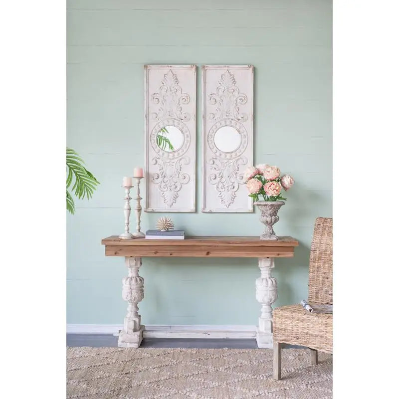 Set of 2 Large Wooden Wall Art Panels with Distressed White Finish & Round Mirror Accents, 17" x 48" Decorative Wall Decor