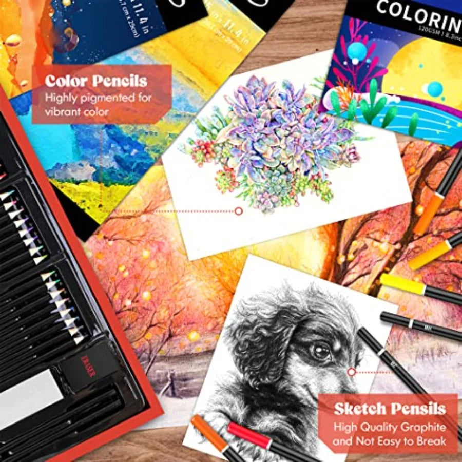 153-Pack Deluxe Art Set in Wooden Case, Drawing Painting  2 A4 Sketch Pads, Coloring Book