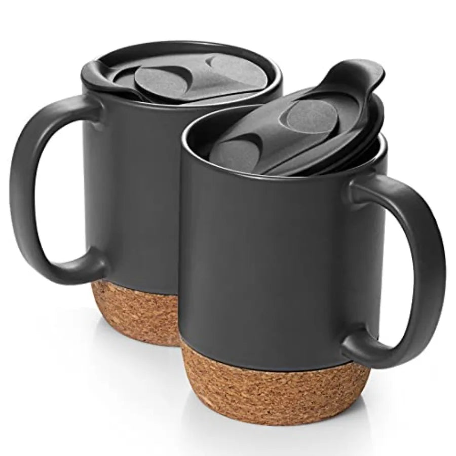 Coffee Mugs, 15 oz Mug Set of 2, Large Ceramic Coffee Mug with Cork Bottom and Spill Proof Lid
