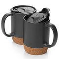 Coffee Mugs, 15 oz Mug Set of 2, Large Ceramic Coffee Mug with Cork Bottom and Spill Proof Lid