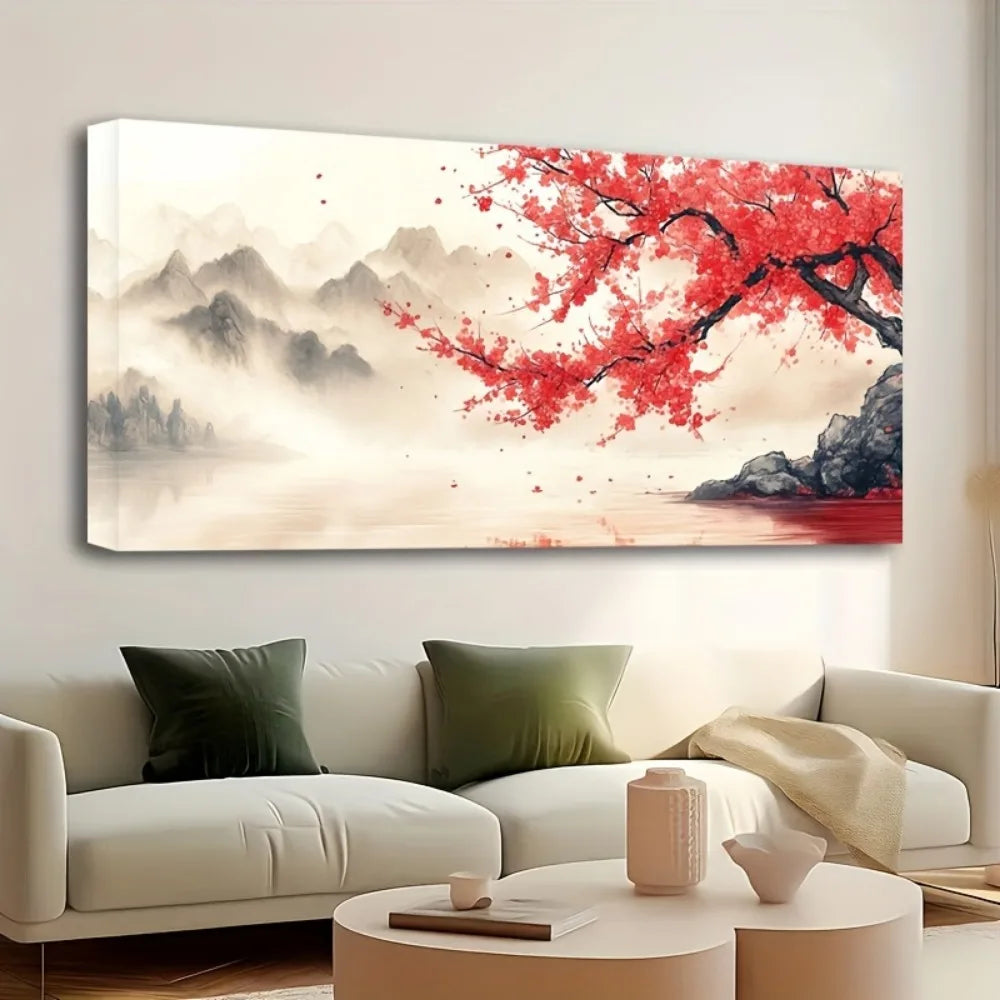1.5 inch thick pine solid wood frame, Chinese "pink plum" mural landscape