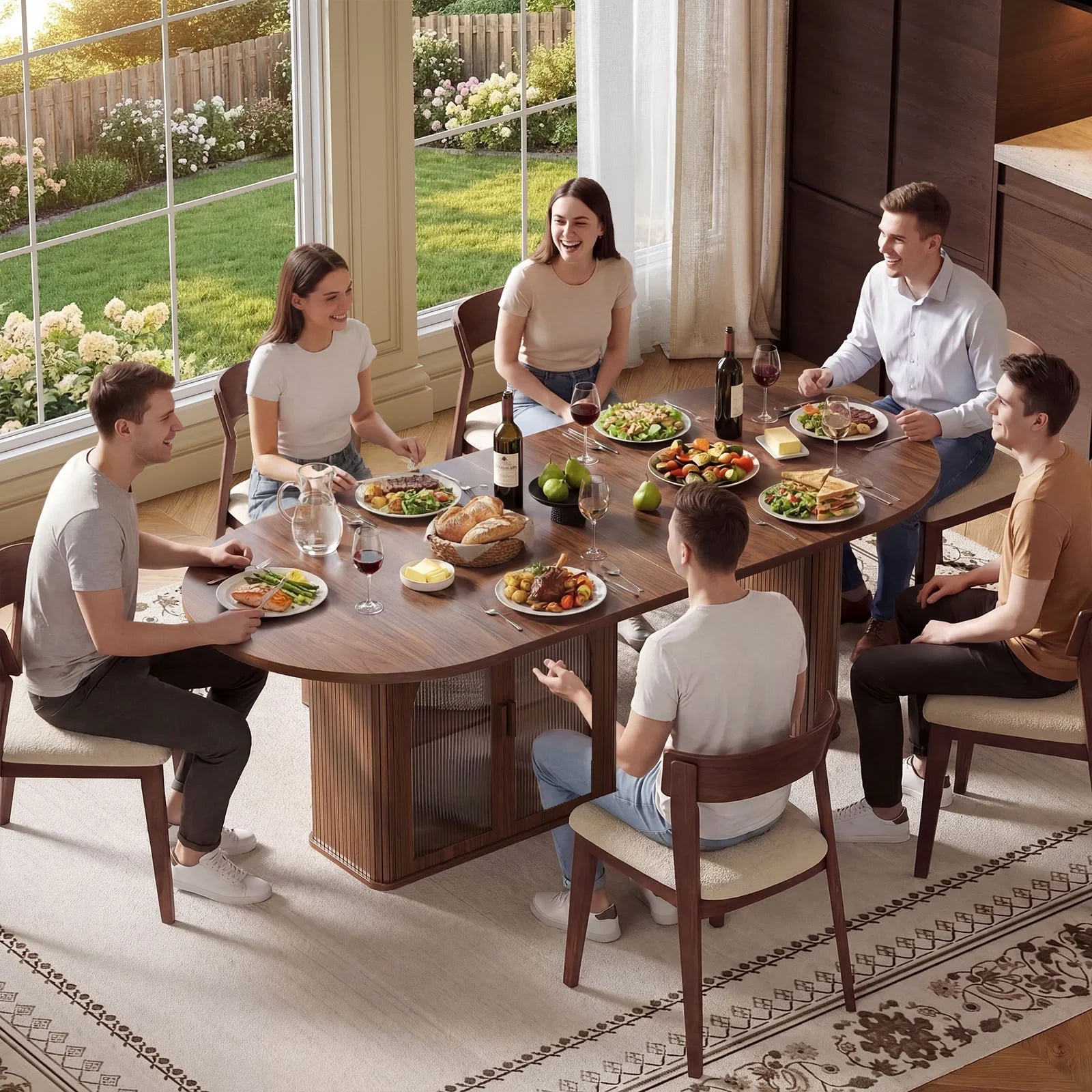 Walnut 70 Inch Oval Dining Table for 6-8 People,  with 2-Tier Storage Space, Wood Center LED Light, Dinner Table with Heavy Duty Legs