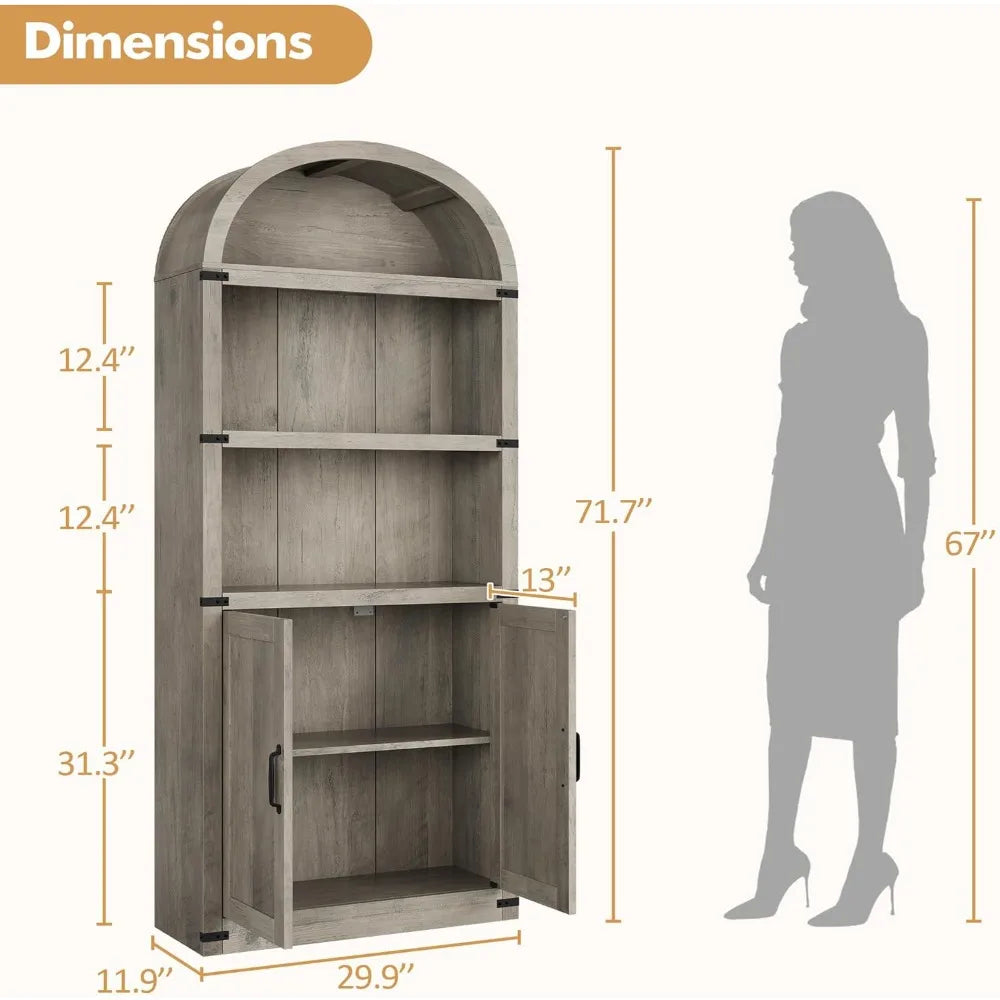 Tall Wooden Bookcase with Doors Arched Bookshelf 71.65in  Farmhouse Cabinet