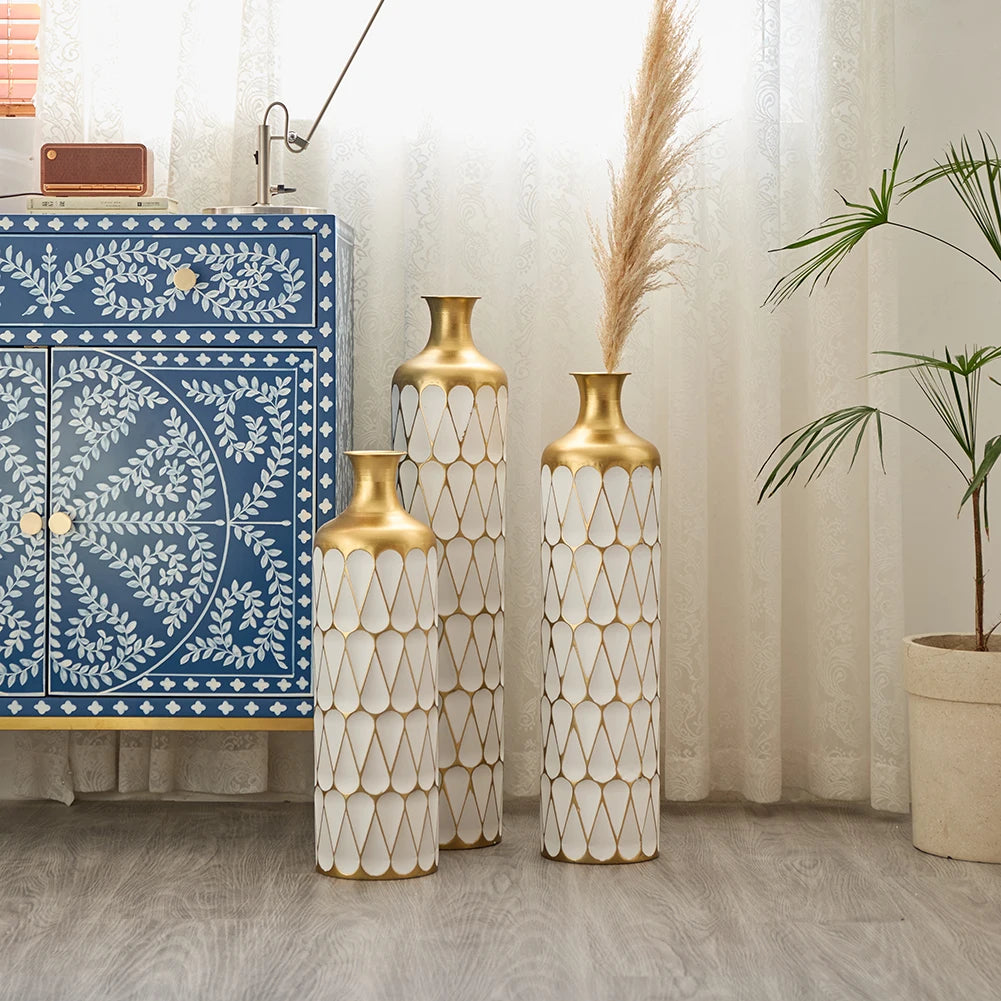 Large metal Drop-shaped Vase 3-piece Set, Modern Home  White and Gold