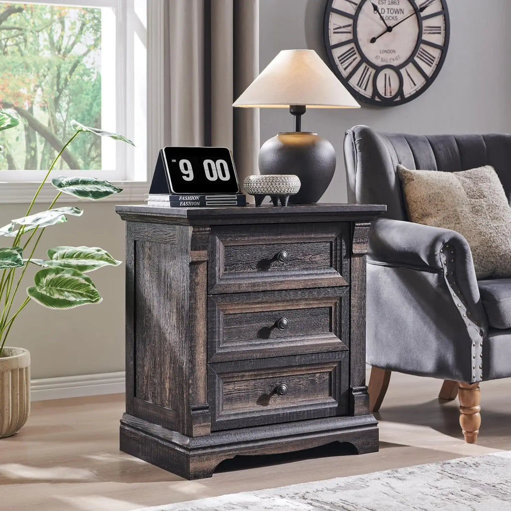 Farmhouse Wood 26" Tall Nightstand with Charging Station, 23.6"  3 Drawers Storage