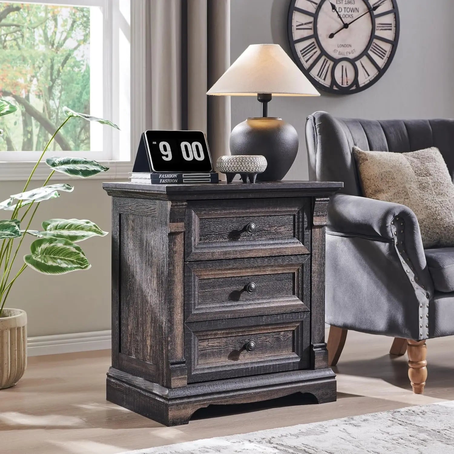 Farmhouse Wood 26" Tall Nightstand with Charging Station, 23.6"  3 Drawers Storage