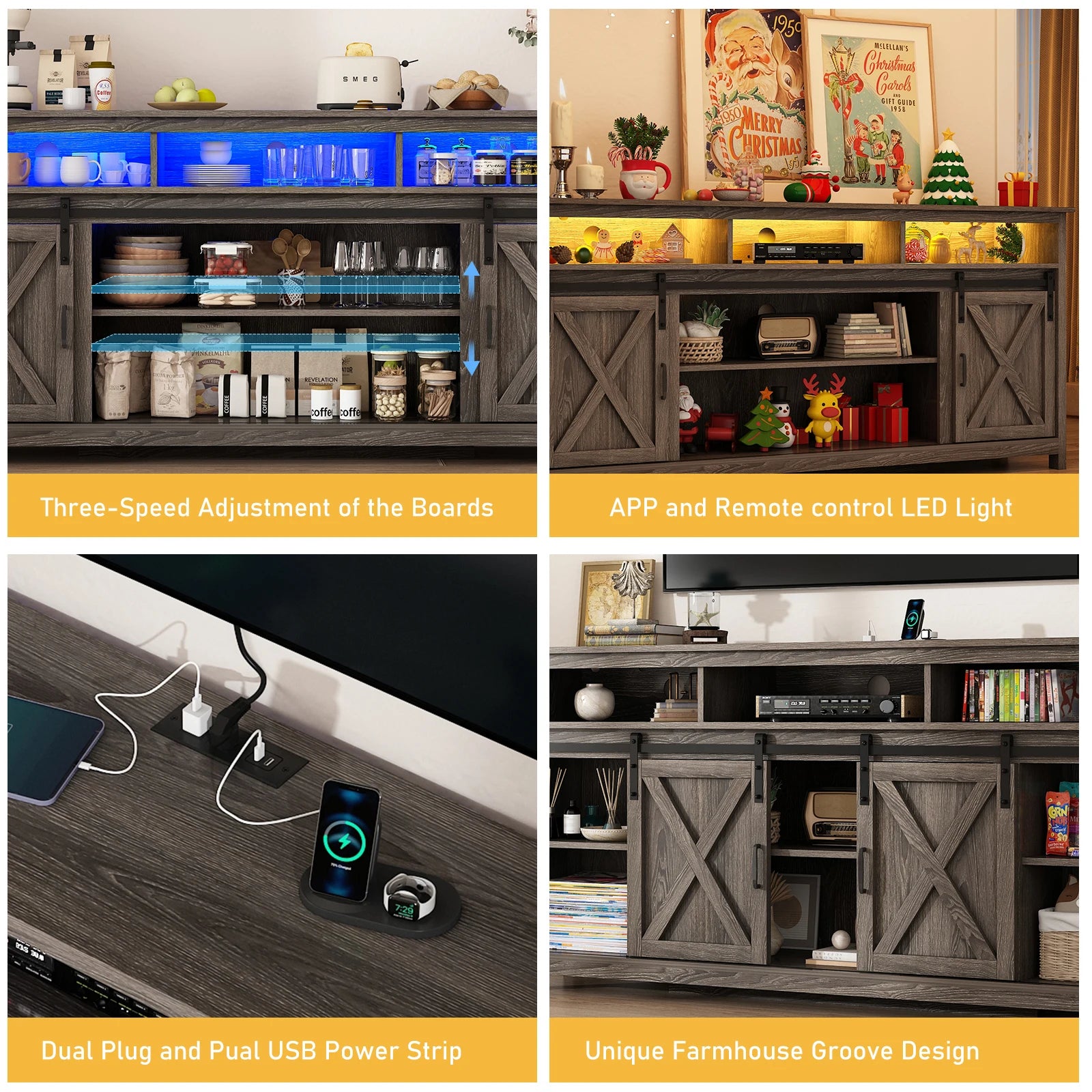 TV Stand Farmhouse Cabinet Rustic Sliding Barn Door Storage Cabinet with Power Outlet & LED Light