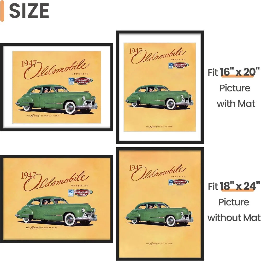 18x24 Picture Frame Set of 5, Display 16x20 with Mat or 18x24 Without, Black Wall Frames