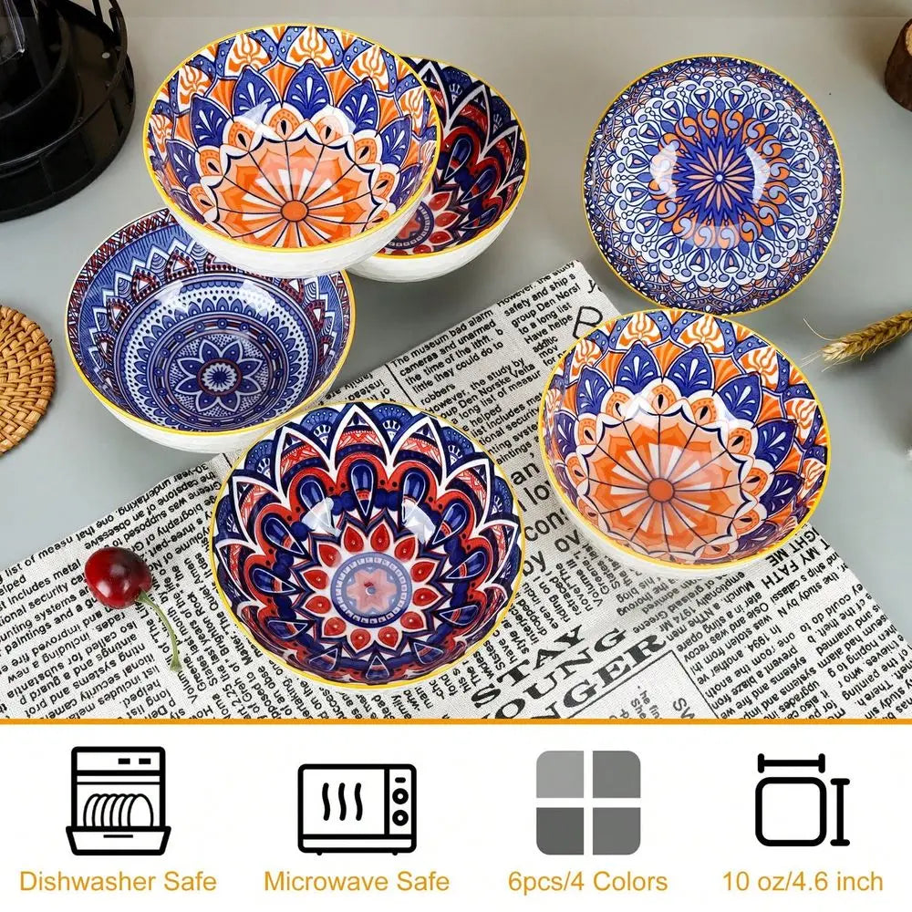 Set Of 6 Ceramic Bowls 10 Oz, Bohemian Ceramic Bowl Set,