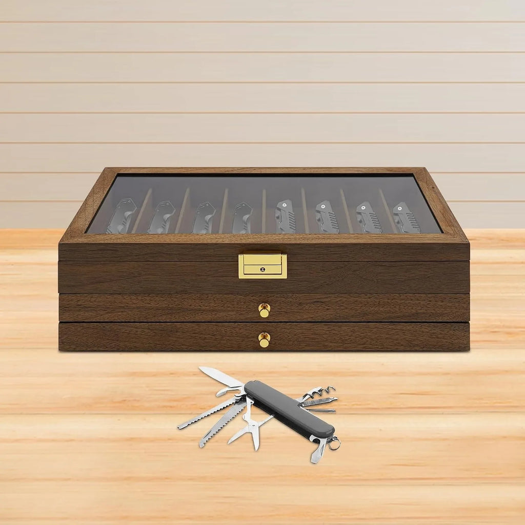 3-Layer Pocket Knife Display Case, 22 Slot Lockable Knife Storage Box with Clear Glass Lid, Wooden Collector  Knives - Walnut Color